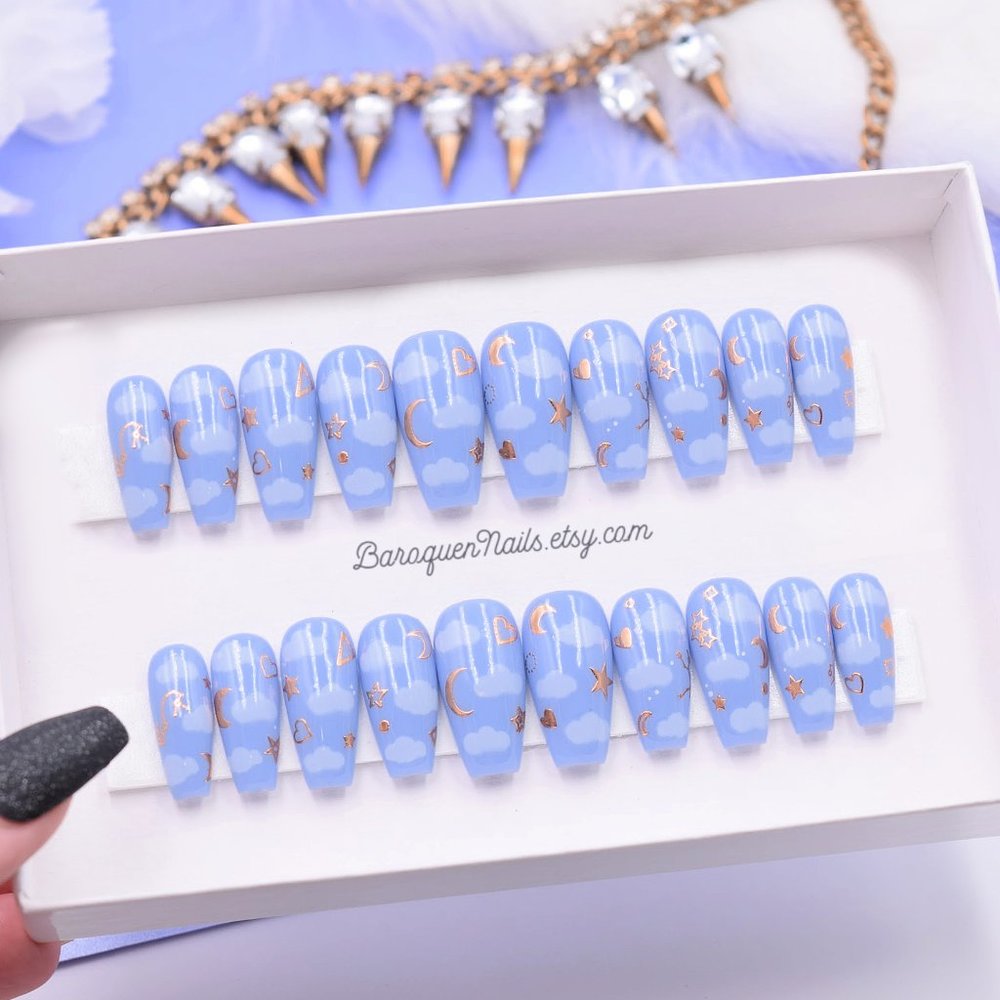 Nails Blue Sky Cloud Nail Art Stars & Moons Press On Nails Hand Made